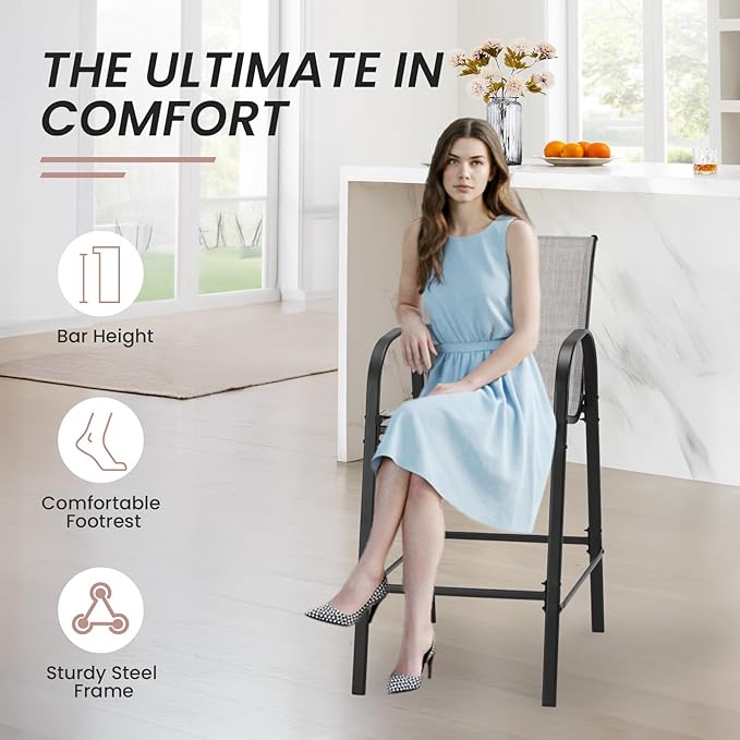 HOMREST Outdoor Bar Height Stools Set of 4,High Back Patio Chairs with Armrests,Textilene Chairs with Breathable Fabric & Metal Frame for All Weather,Light Grey