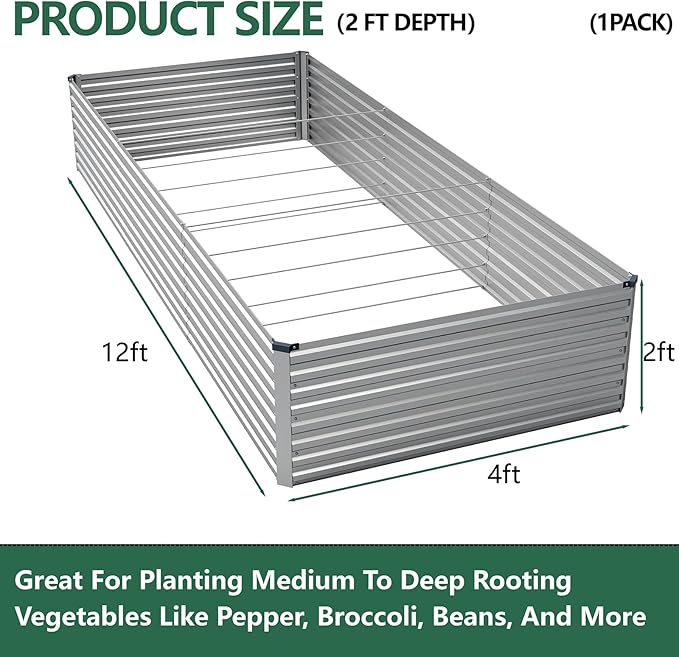 Vengarus 12x4x2FT Galvanized Raised Garden Bed Kit, Large Rectangle Elevated Planter for Vegetables, Flowers, Herbs and Succulents -718 Gallon Capacity, Silver