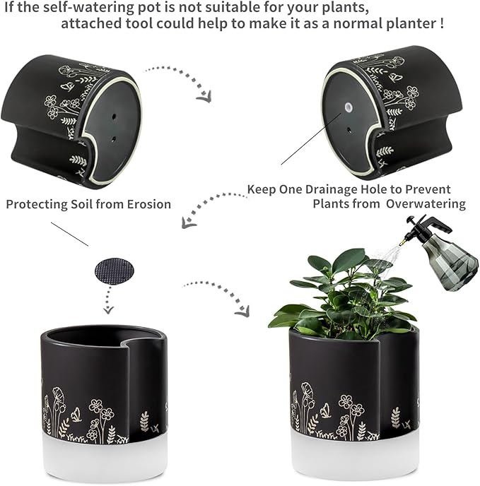 Nihow Self Watering Plant Pot: 8 Inch Ceramic Planter with Drainage Hole & Water Storage Plus for Indoor & Outdoor Plants - Cylinder Round Flower Pot for Succulent/Herbs/Violets - Black