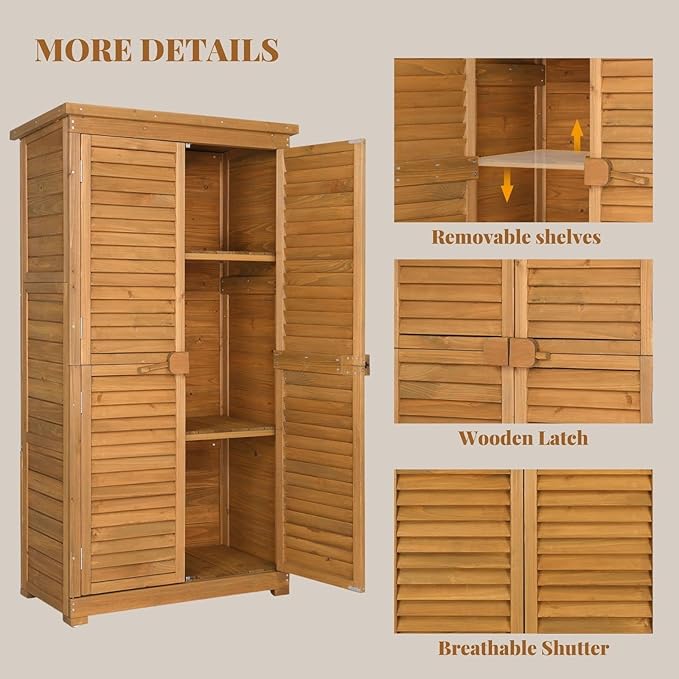 Outvita Outdoor Storage Cabinet, 63in Wooden Garden Tools Shed with 2 Lockable Doors, 3 Adjustable Shelves, Waterproof Roof for Yard Garge Patio Deck Porch, Natural