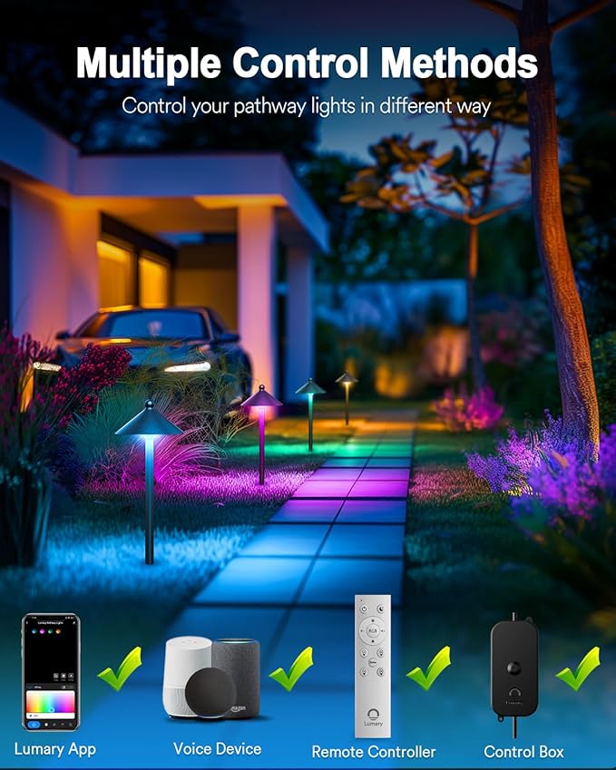 Lumary Smart Low Voltage Pathway Lights 24V 2000LM, Landscape Path Lights with RGBAI Color Changing, App/Remote Control, IP65 Waterproof Walkway Lights for Yard Driveway Garden, 4 Pack, Black Aluminum
