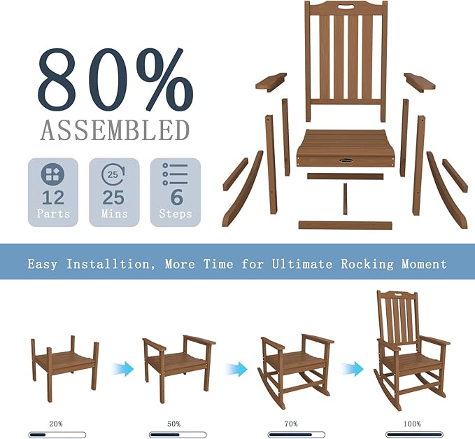 Oversized Rocking Chair Set of 4, Outdoor Rocking Chair for Adults, All Weather Resistant Porch Rocker for Lawn Garden, Wood