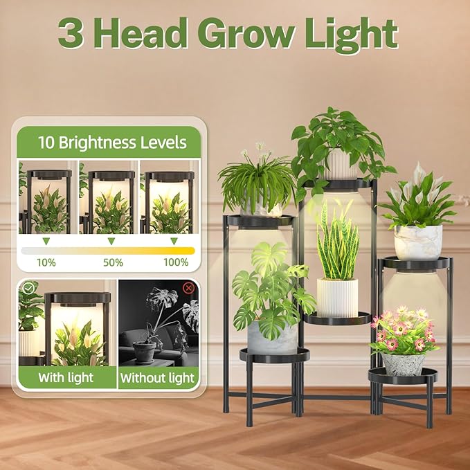 iDavosic.ly Plant Stand Indoor with Grow Light, 6 Tier Corner Metal Flower Display Holder Shelf, Easy Assembly Folding Tall Orchid Rack for Patio Balcony Porch Garden Living Room House, Black