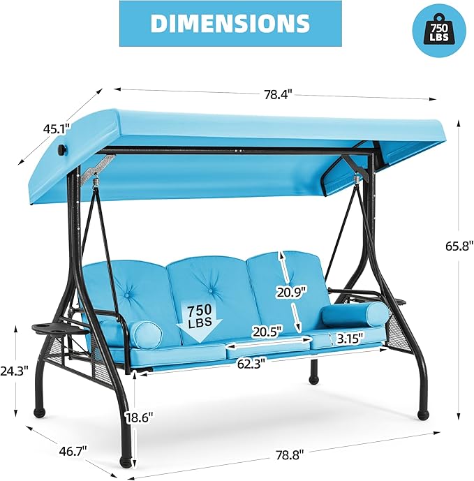 HOMREST 3 Seat Outdoor Porch Swing with Adjustable Canopy, Convertible Patio Swing Bed with Stand, Patio Glider Swing with Upgraded Cup Holder, Thicken Cushions ＆ Pillow for Backyard（Sky Blue）