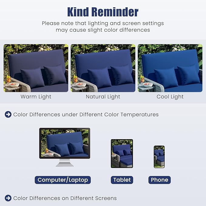LDAILY Moccha Outdoor Daybed, Wicker Loveseat Sofa Set with 4-Postion Adjustable Backrest, Storage Ottoman, Cushions, Rattan Double Bed Lounger, Patio Furniture Set (Mixed Gray+Navy)