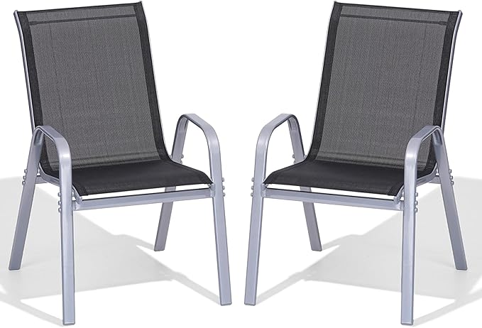 Patio Chairs Set of 2, Easily Set Up Stackable Outdoor Dining Chairs with High Back and Wide Seat, All Weather Breathable Outdoor Chairs Set of 2 with Metal Frame for Backyard Deck Pool, Black