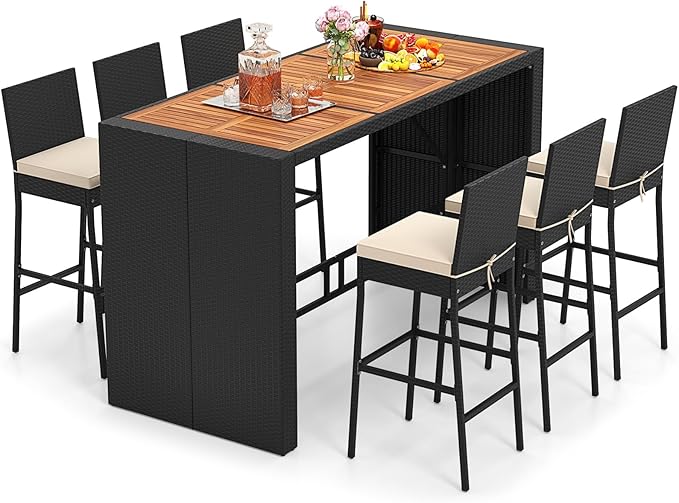 Tangkula 7 Piece Patio Wicker Bar Set, Patiojoy Outdoor Acacia Wood Bar Height Table & 6 Rattan Bar Stool Chairs with Backrest and Footrest, for Bistro Garden Balcony