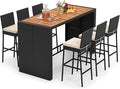 Tangkula 7 Piece Patio Wicker Bar Set, Patiojoy Outdoor Acacia Wood Bar Height Table & 6 Rattan Bar Stool Chairs with Backrest and Footrest, for Bistro Garden Balcony