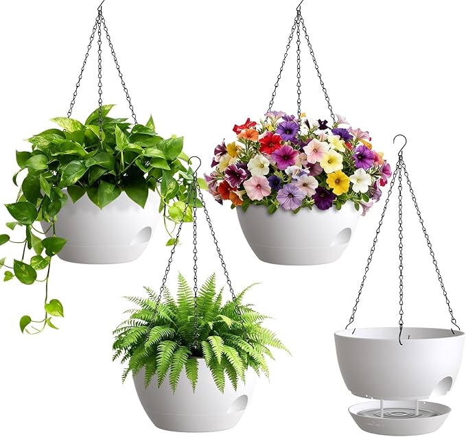 4 Pack 8 Inch Self Watering Hanging Planters for Indoor Outdoor Plants，Hanging Pots for Plants with Drainage Removable Tray, Hanging Baskets Flower Pots for Ivy Pothos Spider Garden Porch White