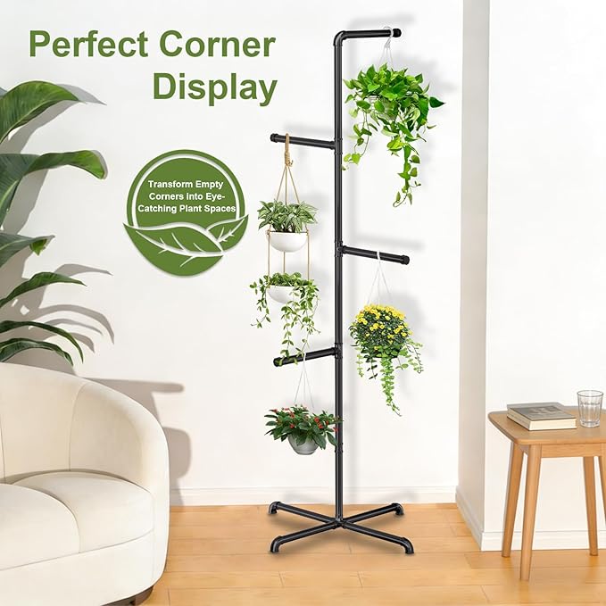 Hanging Plant Stand, Plant Hanger Indoor, Corner Hanging Plant Stand, Black Metal Holder for Bedroom, Living Room, Garden, Balcony (large)