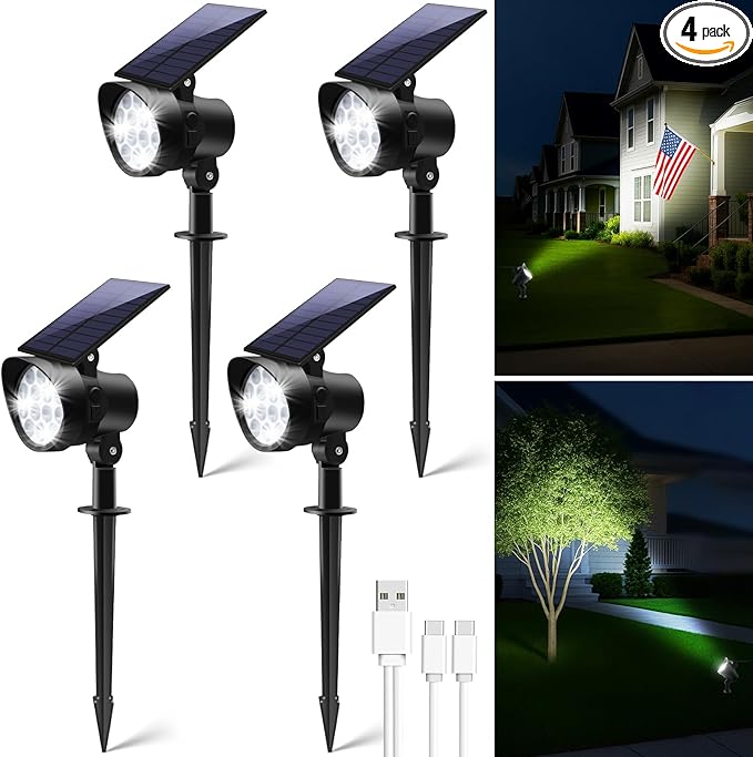 ALUSSO® Solar Landscape Spotlights 3CCT, Dimmable Solar Spot Lights Outdoor, 30° Beam Angle Solar Powered Lights Dusk to Dawn,IP65 Waterproof Flag Pole Solar Light for Yard Pathway Garage Patio,4 Pack