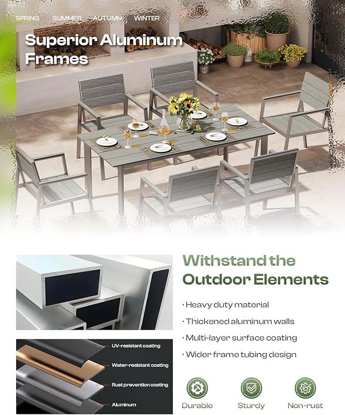 Aluminum Outdoor Dining Set for 6, Patio Table and Chairs Set with Umbrella Hole, 7 Pieces HDPS Outdoor Furniture Sets for Patio, Garden (Gray & Teak)