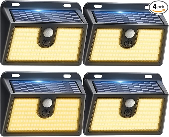 [4 Packs] Solar Motion Sensor Outdoor Lights, Super Bright Solar Lights Outdoor Waterproof, 3 Lighting Modes Security Wall Light for Outside Walking Dog Fence Backyard Deck Garden Door Step Garage