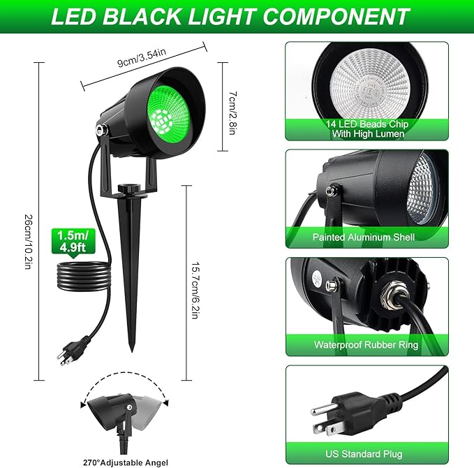 St. Patrick's Day Green Spotlights Outdoor, 14 LED Landscape Lighting with US Plug, IP65 Waterproof Spot Lights for Tree Yard Garden Pathway Halloween Christmas Decor, 4 Pack