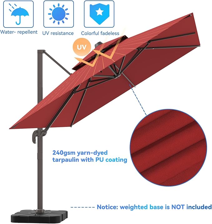 10x13FT Cantilever Outdoor Patio Umbrellas，Double Top Large Rectangle Umbrella Heavy Duty 360°Rotation Offset Outdoor Sun Shade Umbrella for Garden Deck Pool Backyard Patio, Red