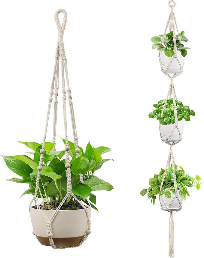 USLAI Macrame Plant Hanger Indoor Outdoor, Fits 4 to 15 Inch Pots, Strong Hanging Planter Holder, Boho Home Decor, 72+35 Inch, Ivory (POTS NOT Included)