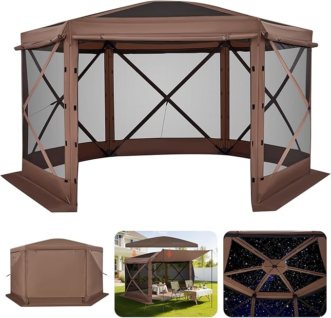 VEVOR Pop up Gazebo Screen Tent, 12 x 12 ft Large 6-Sided Camping Canopy Tent with Removable Top & Carry Bag, Quick-Set & Bite-Proof, Screen House Sun Shelter for 8-10 Persons Backyard Patio, Brown