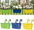 Metal Railing Planter for Outdoor Plants - 3 Pack Balcony Hanging Planter Box with Detachable Hooks and Drain Holes Oval Hanging Pots Fence Planters for Railing Garden Fence, Green Yellow Blue