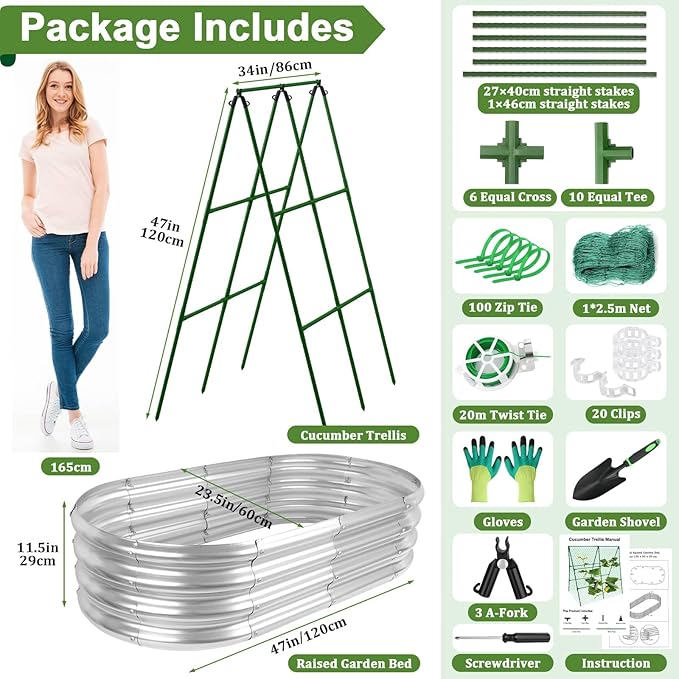 Galvanized Raised Bed with Cucumber Trellis, Garden Arch Trellis Outdoor Reusable A-Frame Metal Trellis with Trellis Net for Pea Vegetable Bean Grape Vines Flowers Climbing Plants Stand Support
