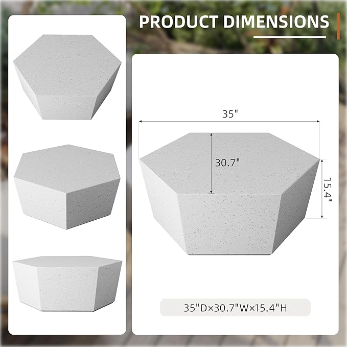UPHA Outdoor Hexagon Coffee Table, Small Modern Minimalist Accent Tables, Low Light Concrete Center Table for Living Room, Outside Patio, Deck, 35×30.7×15, Off-White