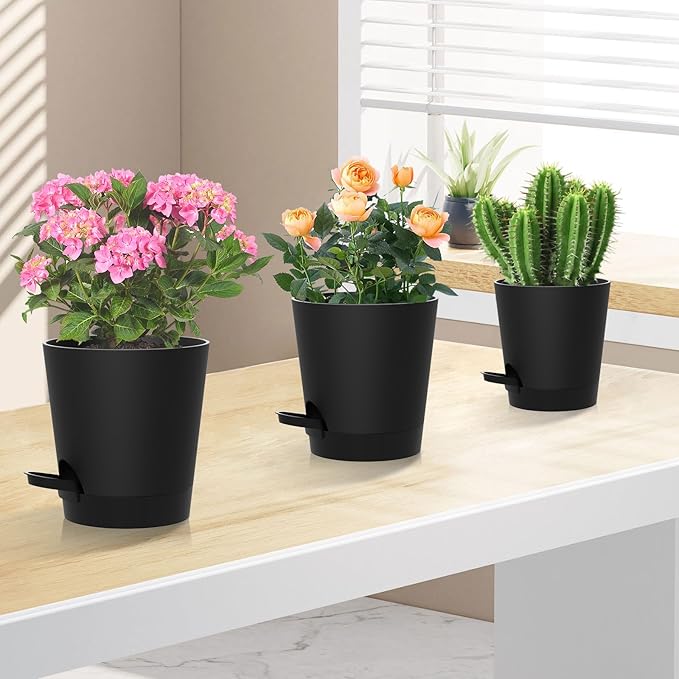 Self Watering Pots, 7/6.5/6/5.5/5/4 inch Flower Pots with Multi Mesh Drainage Holes, Small Platic Planters for Indoor Outdoor Garden Plants and Flowers (Black, 7"+6.5"+6"+5.5"+5"+4")