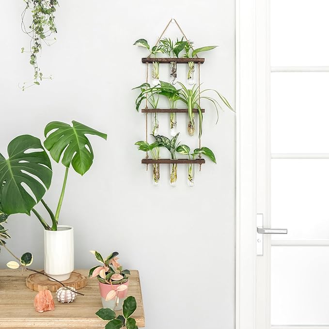 Mkono Plant Propagation Tubes, 3 Tiered Wall Hanging Terrarium with Wooden Stand Flower Vase Test Tube Glass Planter Stations for Hydroponic Cutting Home Garden Office Decor (Brown, Small)
