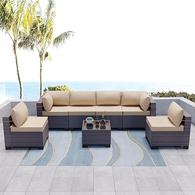 Kullavik 7 Pieces Outdoor Patio Furniture Set PE Wicker Rattan Sectional Sofa Patio Conversation Sets,Sand