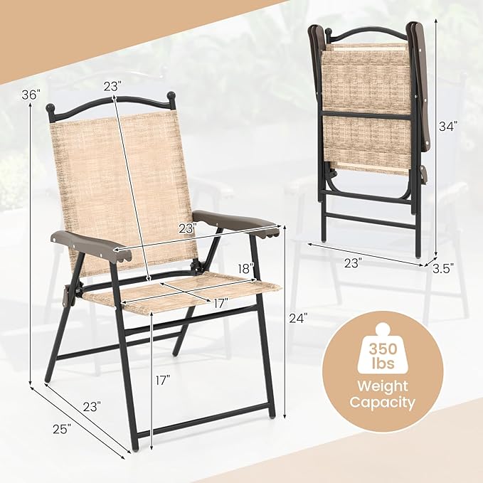 Giantex Set of 2 Patio Folding Chairs, Outdoor Patio Dining Chairs w/Armrest, Sling Back, Metal Frame, Outside Use for Lawn Camping Garden Pool Beach Yard Lounge, No Assembly, Yellow