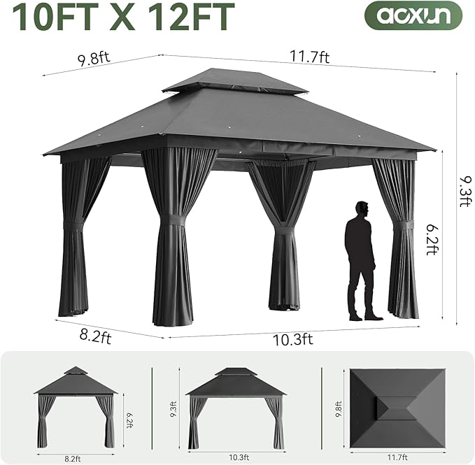 Aoxun 10x12 Outdoor Gazebo with 50FT LED Hanging Lights Metal Frame Canopy with Double Roofs Heavy Duty Party Tent and Shelter with Mosquito Netting and Privacy Screen for Backyard, Lawn, Garden(Gray)