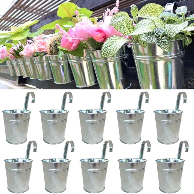 LaLaGreen Fence Planters for Outdoor Plants (10 Pack, 6 Inch) Railing Planter Metal Herb Garden Pots Outdoor, Hanging Silver Flower Buckets for Outside Wall Deck Patio Balcony Rail Farmhouse Rustic