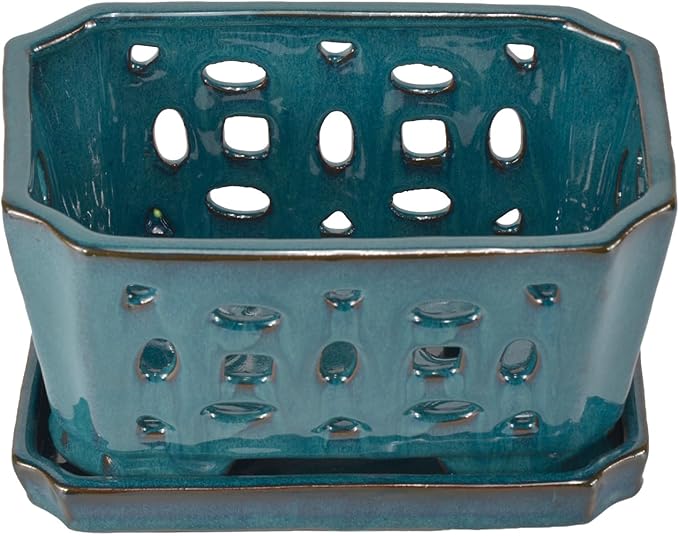 W&W Orchid Pot with Holes and Saucer for Repotting, Teal, 9.7 Inches
