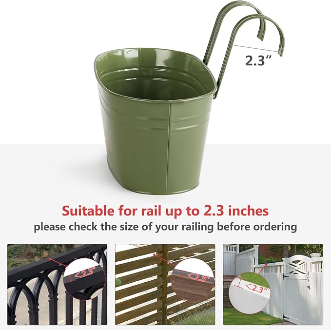 Dahey 10.5 Inch Metal Iron Hanging Flower Pots for Railing Fence Hanging Bucket Pots Countryside Style Outdoor Planter Window Flower Plant Holder with Detachable Hooks Home Decor,Green,5 Pcs