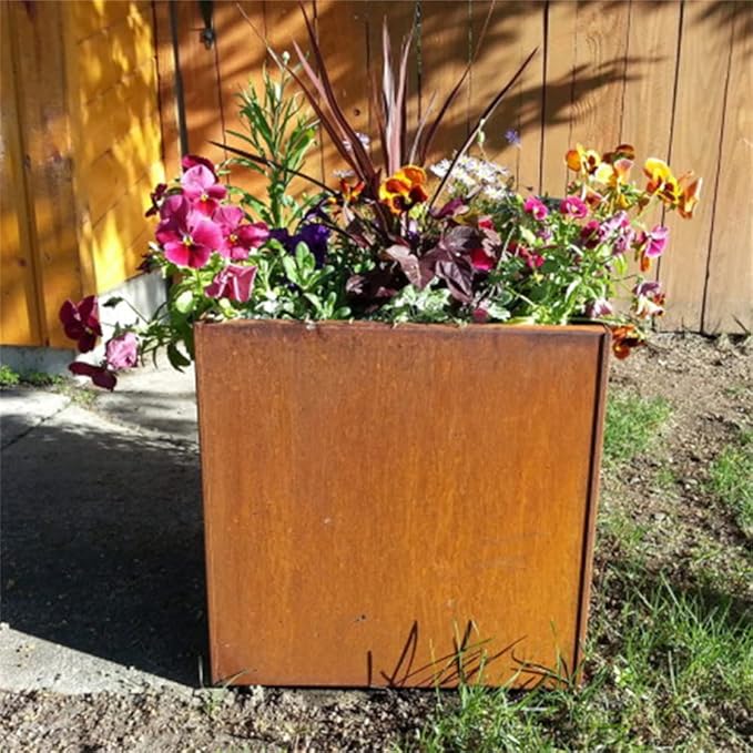 Corten Steel Planter Box Metal Outdoor Planter Large Square Cube Rustic 32 Inch Planter Pot for Commercial Residential Tall Plant Patio Deck and Backyard