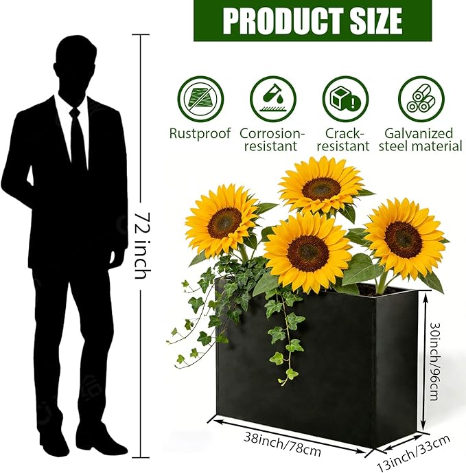 Metal Rectangular Planter, Metal Planter Box, 38" L x 13" W x 30" H Large Heavy Duty Tall Black Planter Box with Drainage Holes and Adjustable Balancing Feet Ideal for Porch, Garden, Patio, Yard