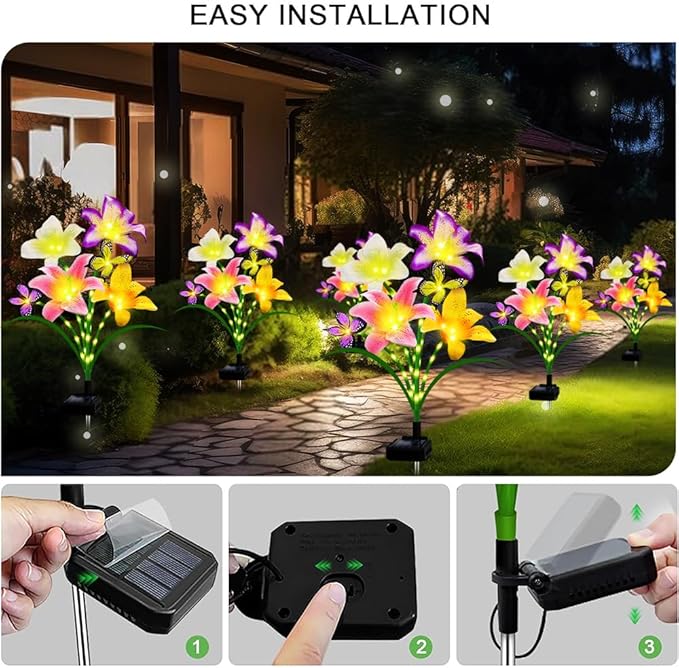 Solar Garden Lights 4 Pack LEDs Solar Lilies Flower Lights, Yard Patio Pathway Decoration High Flexibility Copper Wire Handmade Silk Artificial Flowers Never Wither, Gift for Family Friends
