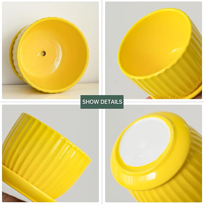 Ton Sin Ceramic Flower Pots,Yellow Plant Pots for Indoor Plants,4.1+5.1+6.5 inch Ceramic Plant Pots with Tray,Medium Indoor Planters for Aloe Cactus Decorative Pots with Drainage Hole (Set of 3)
