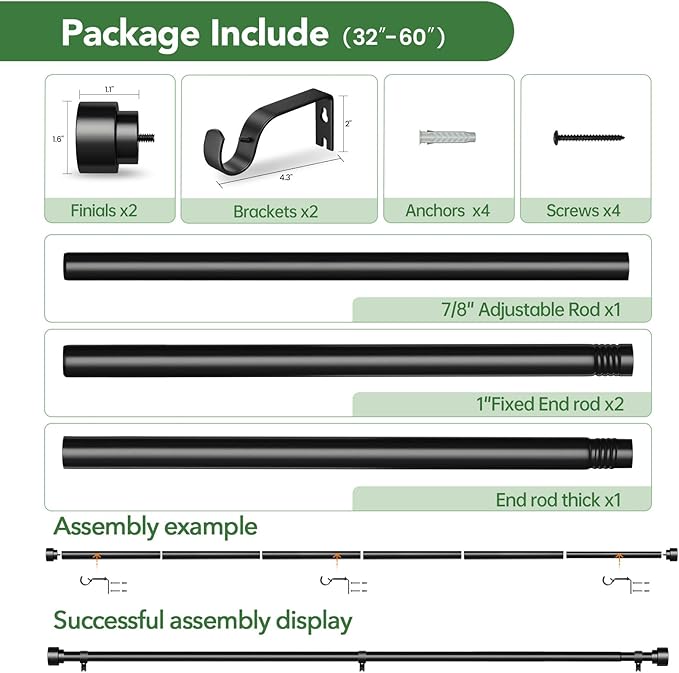 Time Forest Black Curtain Rods for Windows 28 to 48 Inch (2.3-4 Feet), 1 Inch Diameter Adjustable Heavy Duty Curtain Rod, Modern Style Indoor Outdoor Window Drapery Rods with End Caps, Size 32"- 60"