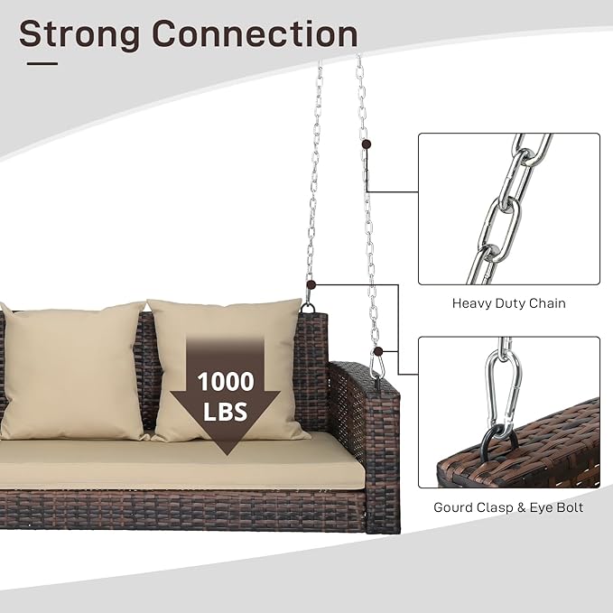 Outvita Porch Swing, 5FT Hanging Outdoor Porch Swings for Adults, Wicker 3 Person Patio Swing, with Cushion, Pillow and Chain for Garden, Backyard, Weight Capacity - 1000lbs