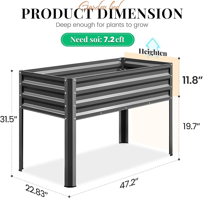 KING BIRD Large Raised Garden Bed with Legs Galvanized Elevated Planter Box 48×24×32 in for Backyard, Patio, Balcony, 400lb Capacity, Dark Grey