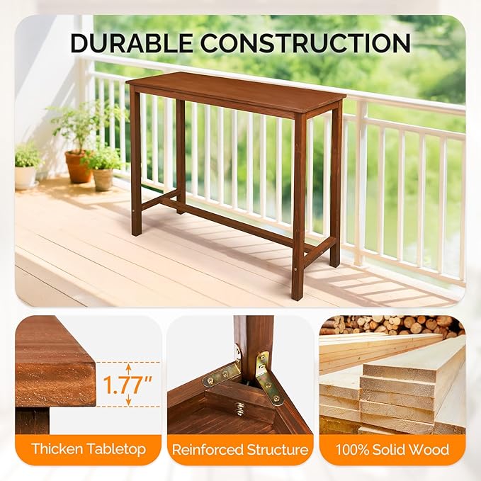 VINGLI Wooden Outdoor Bar Table, Wood Patio Counter Height Table, Weather-Resistant Patio Pub Table for Garden, Balcony, Poolside, Backyard, Indoor Use (Brown, 45")