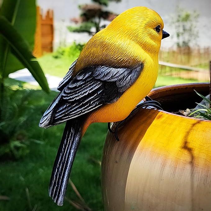 Garden Bird Statue Flower Pot Hugger Outdoor Decor for Tree, 6.7" Tall Resin Bird Figurine Plant Pot Decorations for Fence Balcony Patio Lawn Yard Ornaments (Yellow)