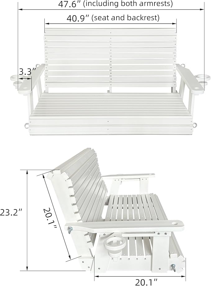 HDPE Porch Swing with 18/8 Stainless Steel Bolts, Ergonomic Design, Ultra Weather-Resistant, Heavy Duty 1200 LBS, for Outdoor Patio Garden Yard (Vanilla White)