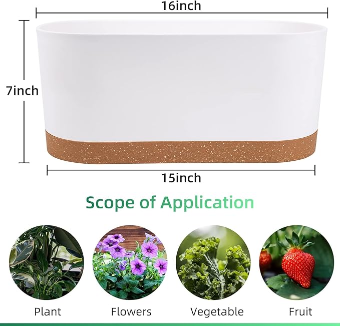 QCQHDU 16" L x 7.6" W x 7" H Window Planter Box, 2 Pack Self Watering Pots for Indoor Plants with Drainage Holes & Saucer, Outdoor Flower Pots Home Garden Modern Decor