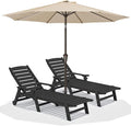 SERWALL Patio Chaise Lounge Chair Set of 2 with 9FT Patio Umbrella, 78'' HDPE Outdoor Lounger, Poly Lounge Chair with Rolling Wheels & Cup Holder for Pool,Obsidian Black (Umbreall Base not Included)