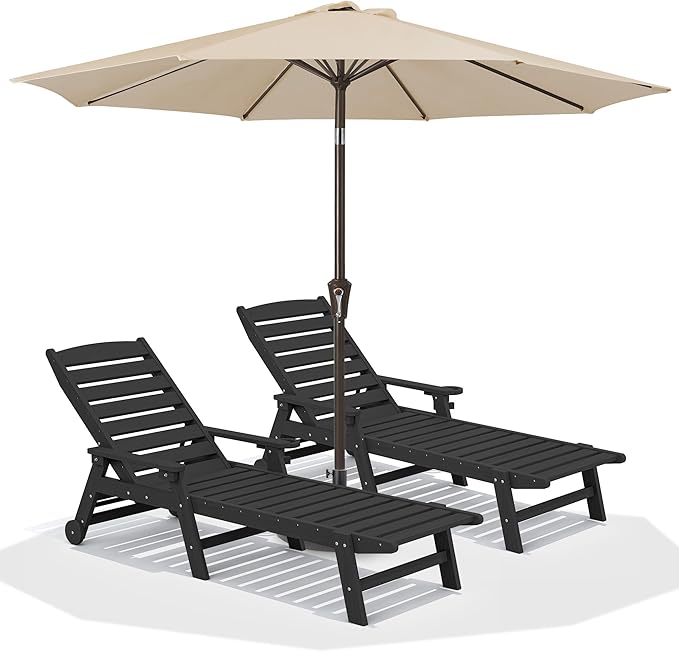 SERWALL Patio Chaise Lounge Chair Set of 2 with 9FT Patio Umbrella, 78'' HDPE Outdoor Lounger, Poly Lounge Chair with Rolling Wheels & Cup Holder for Pool,Obsidian Black (Umbreall Base not Included)