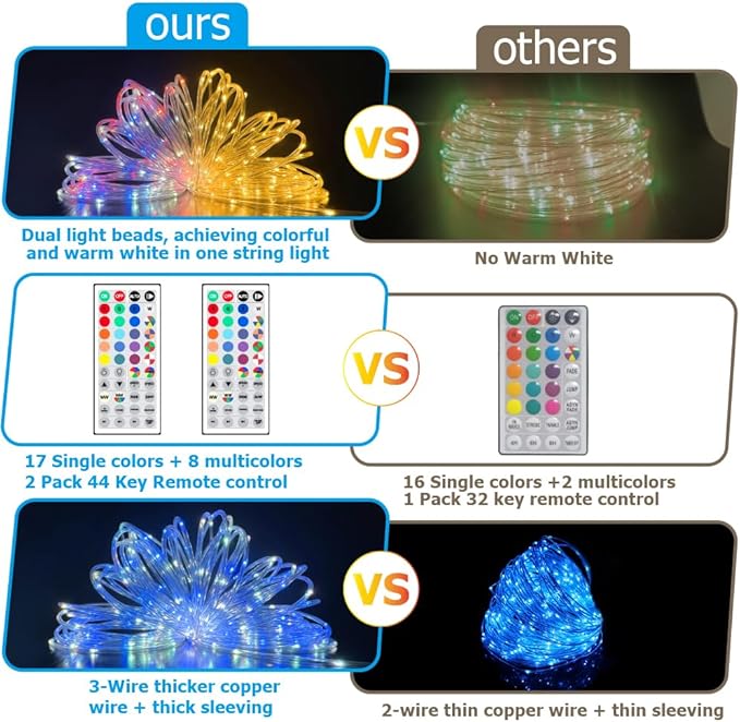 100ft Outdoor Rope Light, IP68 Waterproof 25 Color Changing String Lights with 149 Modes, Warm White & RGB LED Multicolor Twinkle Fairy Tube Lights for Indoor & Outside Railing, Balcony, Patio Decor