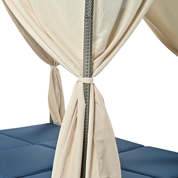 Patio Chaise Lounge, Gray PE Rattan Outdoor Patio Wicker Sunbed Daybed with Adjustable Seats, Four-sided Canopy, Overhead Curtain and Blue Cushions for Backyard, Garden, Poolside (for 2-6 people)
