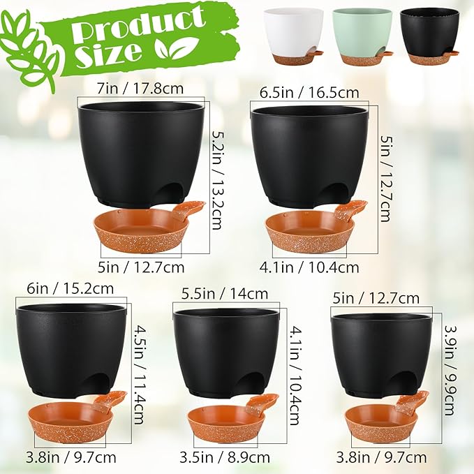 Remerry 15 Pcs 7/6.5/6/ 5.5/5 Inch Self Watering Planters with Drainage Hole Plant Pots Plastic Flower Pots Indoor Plant Pots Self Watering Pots and Saucer Reservoir for Indoor Outdoor Plant Flower