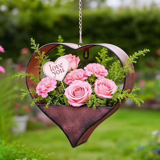 Metal Plant Hangers Indoor and Outdoor: Easter Gifts for Mom Women Her Wife Garden Lovers Birthday - Heart Shape Hanging Planters for Window Wall Living Room Office Decor(Rustic)