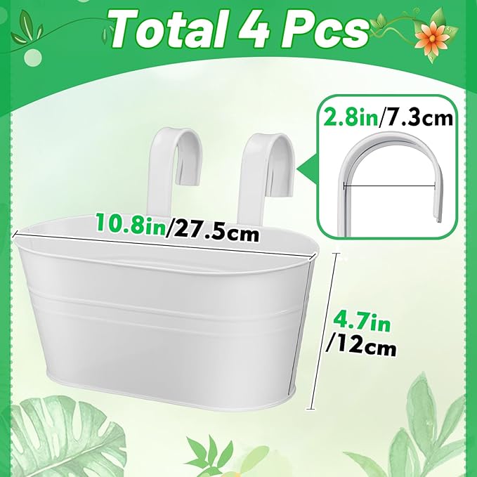 MADHOLLY Railing Planter with Drainage Holes - Sturdy Bucket Pots for Railing Fence, Countryside Style Metal Flower Pots for Herbs Balcony Garden Yard Decor, 4Pcs, White